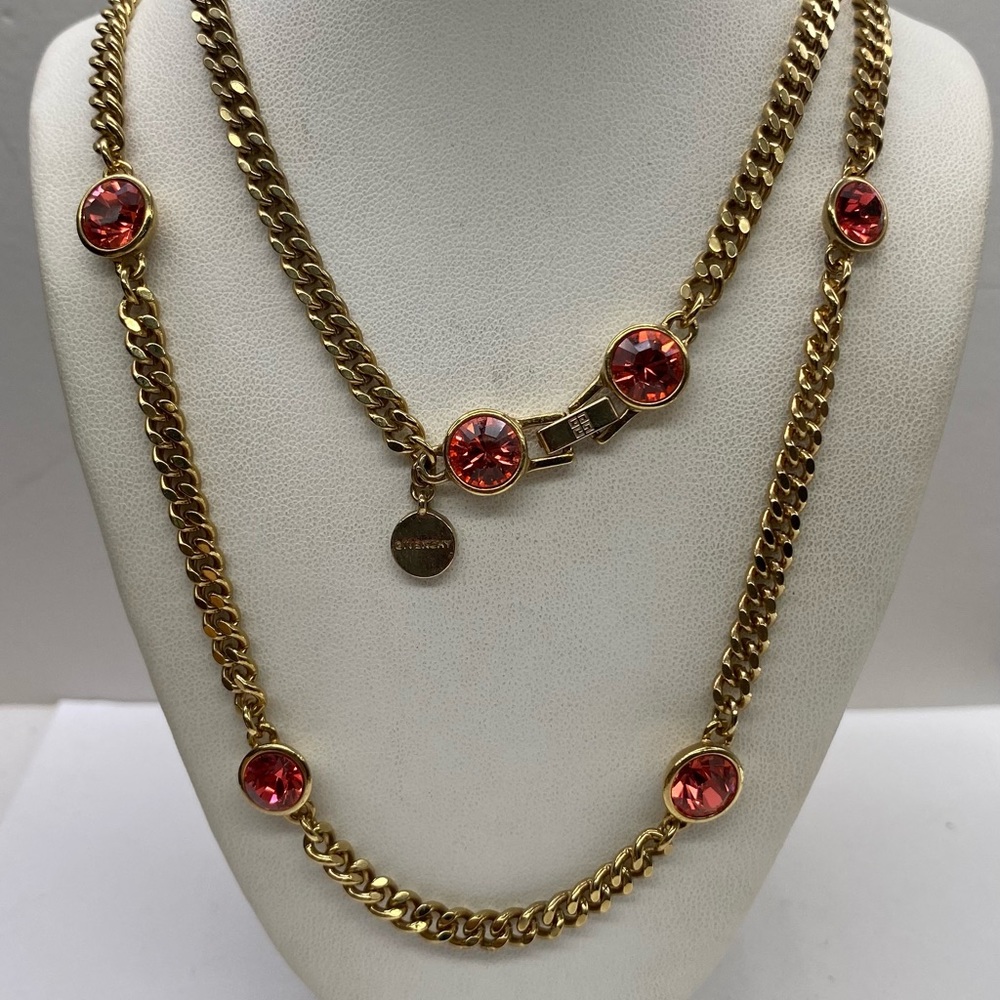 Givenchy Necklace Gold Tone Pink Crystals Station Chain Necklace
